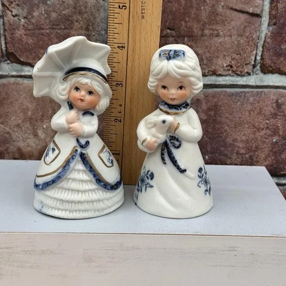 Vintage Jasco Bells Girls Women Set of 2 White Blue Porcelain Royal Majestic - Picture 3 of 7